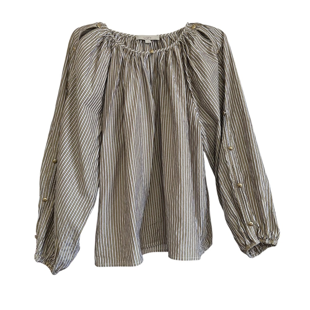 LOFT Striped Gold Metallic Striped Button Sleeve Blouse Women's Sz L Regencycore